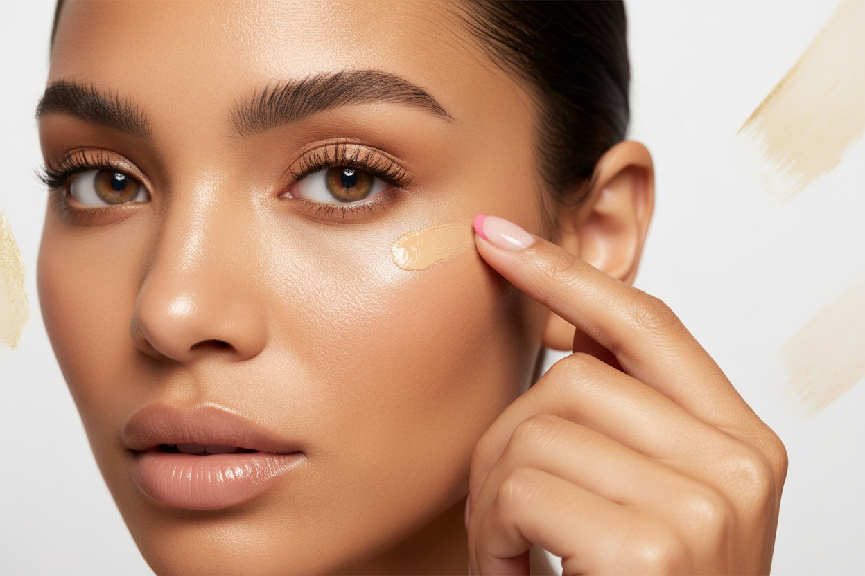 Woman applying concealer on her face